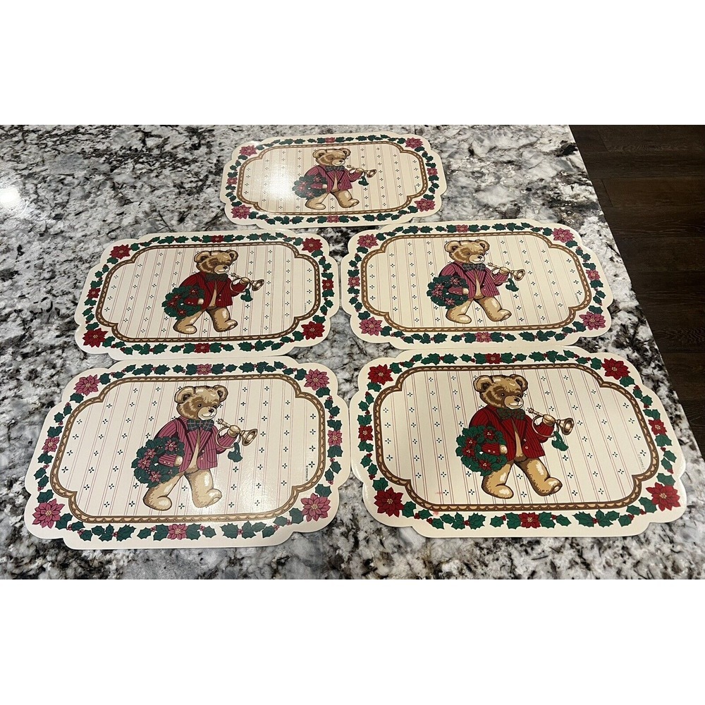 Vintage Place Mats Set of 5 Franco Christmas‎ Teddy Bear Vinyl 12x14 Pink & Red